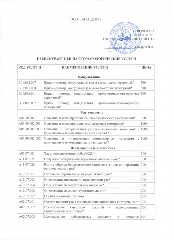 Прейскурант цен на 2018